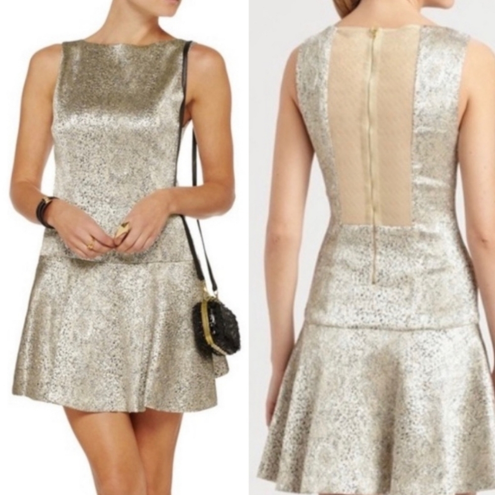 Alice + Olivia | Lora Drop Waist Silver Metallic Pleated Dress XSMALL